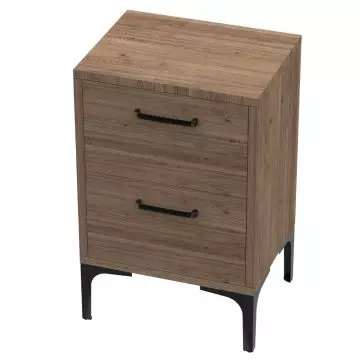 oak two drawer nightstand with black handles and legs