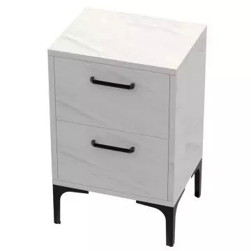 White marble effect nightstand with two drawers and black legs
