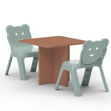 kids wooden square table with two mint green bear chairs brown finish