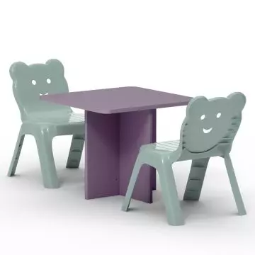 kids square wooden table purple with two mint green bear chairs