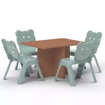 wooden kids table with four mint bear back plastic chairs