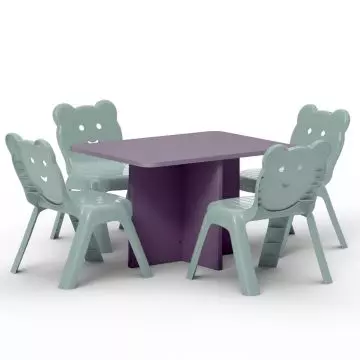 Purple kids desk with four mint green bear back chairs