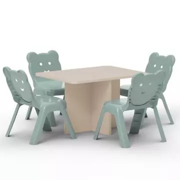 Sand beige kids table with four sage green bear chairs