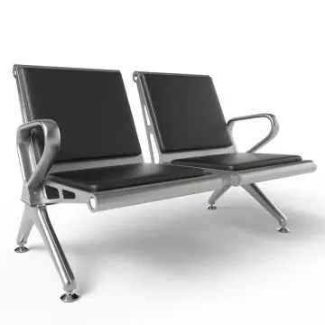 Modern black and silver two-seat waiting room chair with metal frame and armrests on each side.