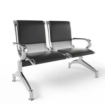 Black and silver two-seater bench with perforated metal backrest and armrests on a sturdy metal frame.