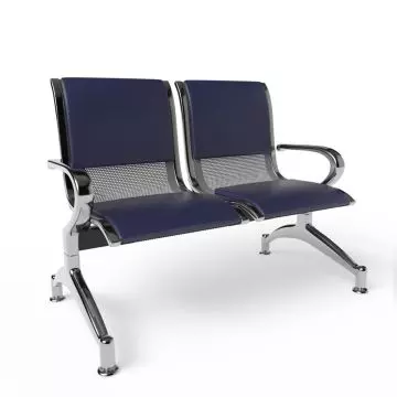 Modern two-seater waiting room chair with blue mesh and leather seats  metal armrests  and chrome legs.
