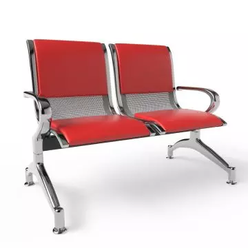 Red and chrome double waiting room chair with perforated metal backrests and armrests.