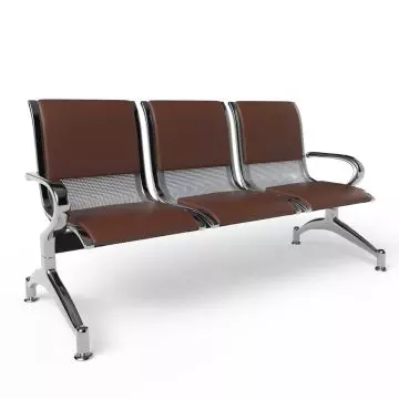 Brown and silver three-seater bench with perforated metal backrests and leather cushions on a sturdy metal frame.