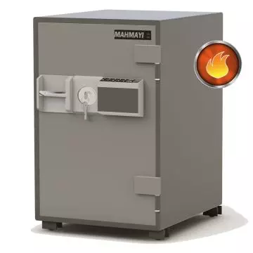 grey steel fire safe with keypad module and key lock