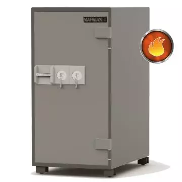 grey fire safe with two key locks closed