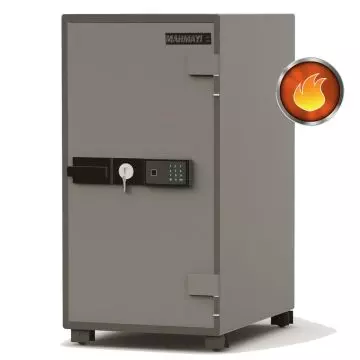 grey steel fire safe with fingerprint keypad key lock and handle