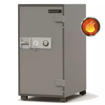 grey fire safe with key and dial lock front angle