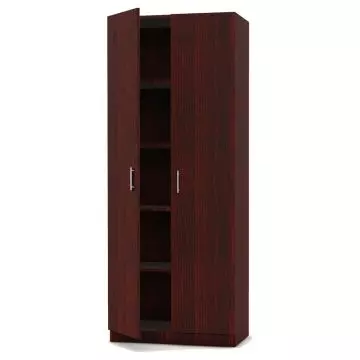 Dark walnut full height cabinet with doors ajar showing shelves