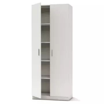 white two door tall cabinet with open door and shelves