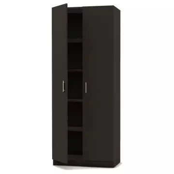 Tall black two door cabinet with one door open showing shelves