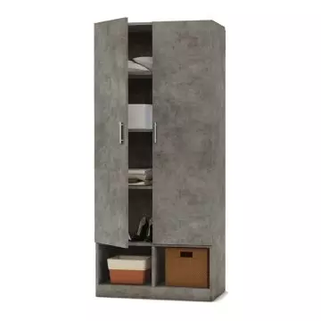 light concrete two door wardrobe with shelves and bottom cubbies