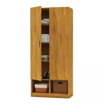 Light walnut two door wardrobe with shelves and open bottom cubbies