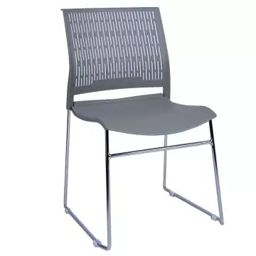 Mahmayi UL UT-C166 grey stackable chair with perforated PP backrest and chrome sled frame on white background