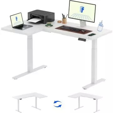 White L shaped standing desk with laptop monitor and printer