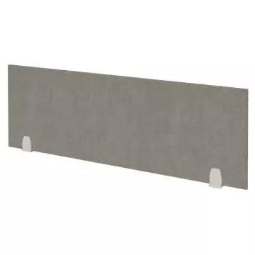 Grey acoustic desk divider with two white clips on white background