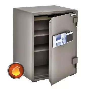 gray fire safe open with shelves and digital keypad and key lock