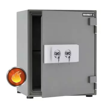 Open grey fire safe with dual key locks