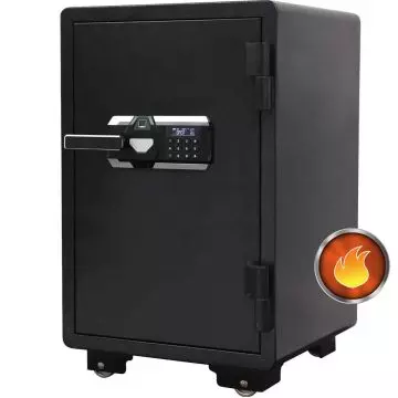 Mahmayi CE-LZ600FPB black fireproof safe with digital keypad and fingerprint lock panel on white background with fire resistance icon