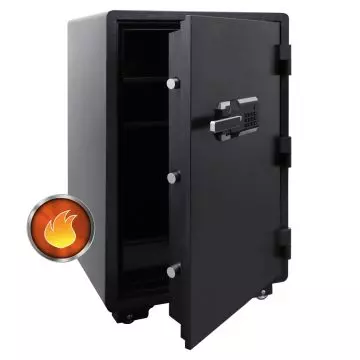 Mahmayi CE-LZ920FPB black fireproof safe open door showing interior shelves and digital keypad with fire resistance icon
