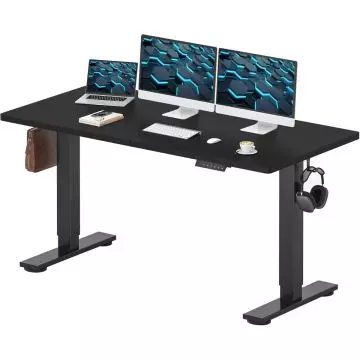 Charcoal black electric standing desk with dual monitors and side hooks