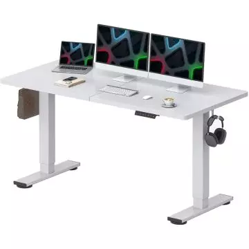 White electric standing desk with dual monitor setup and side hooks