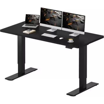 Charcoal black electric standing desk with dual monitors and keyboard