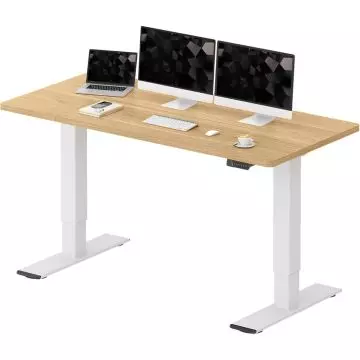electric standing desk with wood top white frame and dual monitors
