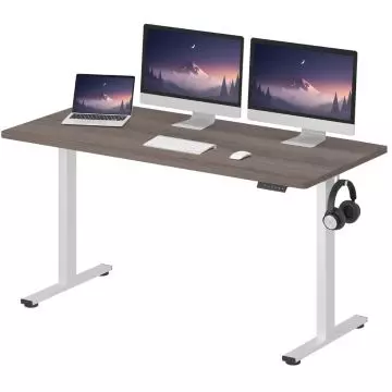 Electric sit stand desk grey oak top white frame with control panel
