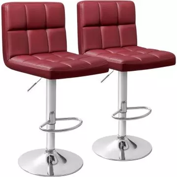 Set of two wine red bar stools with chrome pedestal base and footrest