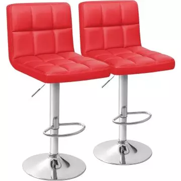 Pair of red PU leather bar stools with chrome pedestal bases