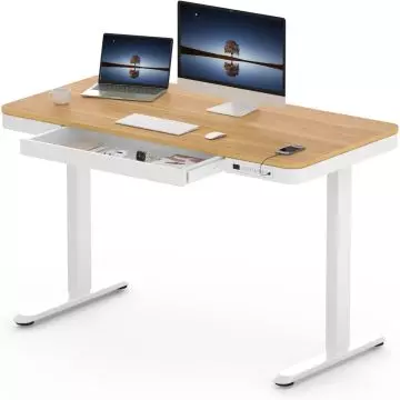 Electric standing desk white frame oak top with drawer open and devices