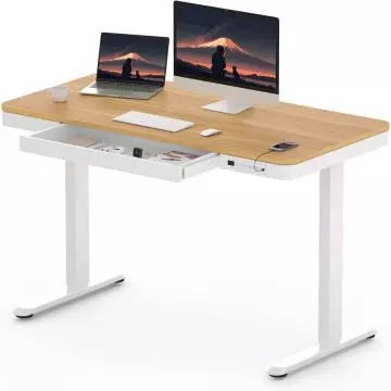 White frame standing desk with maple top open drawer and USB charging