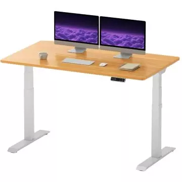 White electric standing desk with maple top and dual monitors