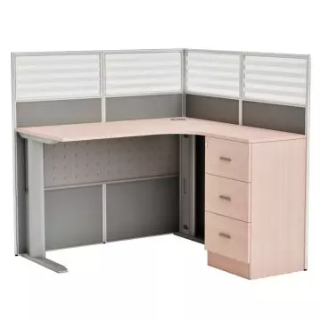 L shaped oak workstation with grey partition panels and 3 drawer pedestal
