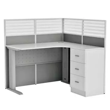 Dela GT20 L-shape partition workstation with quarter glass panels grey fabric lower panels 3-drawer pedestal and aluminium leg frame in white