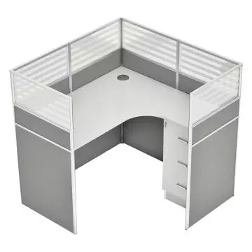 Dela GT20 L-shape partition workstation with 120cm grey fabric panels and quarter glass top in white