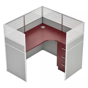 Dela GT20 L-shape partition workstation with apple cherry melamine desk grey fabric panels quarter glass top and 3-drawer mobile pedestal