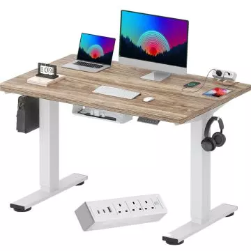 White frame oak top electric standing desk with clamp power strip