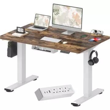 Electric sit stand desk white frame rustic brown top with built in power strip