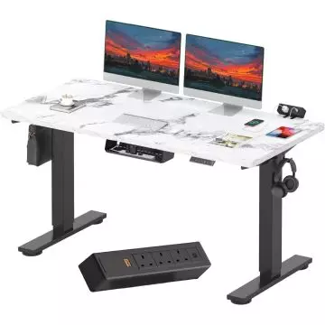 marble top height adjustable desk black frame with dual monitors and clamp power strip
