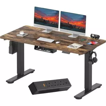 Electric standing desk with rustic brown top black frame and power strip