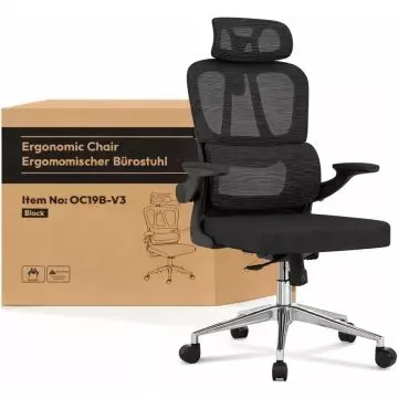 black mesh ergonomic office chair with headrest in front of packaging