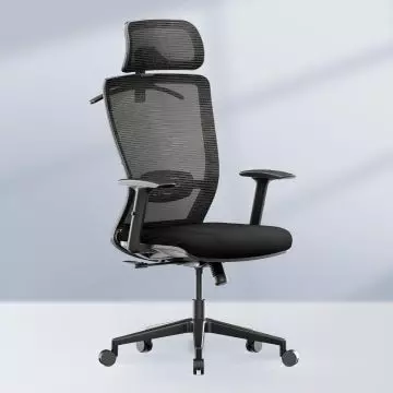 Black mesh ergonomic office chair with headrest and wheels