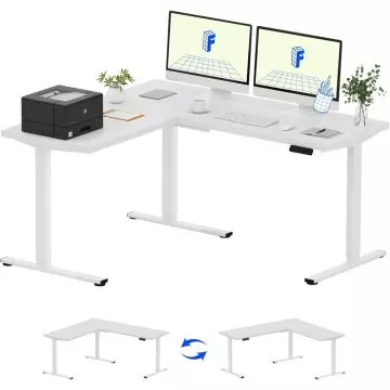 FLEXISPOT Electric Height Adjustable L-Shaped Standing Desk 63 x 55 Inch Reversible Corner Computer Desk with Memory Presets and Anti-Collision System Ergonomic Sit Stand Workstation for Home and Office - White