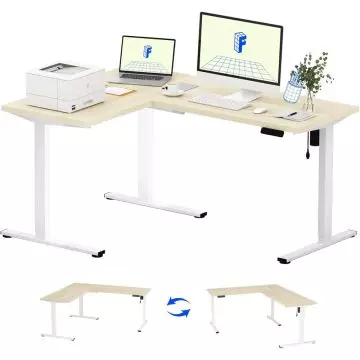FLEXISPOT Electric Height Adjustable L-Shaped Standing Desk 63 x 47 Inch Reversible Corner Computer Desk with Memory Presets and Anti-Collision System Ergonomic Sit Stand Workstation for Home and Office - Maple